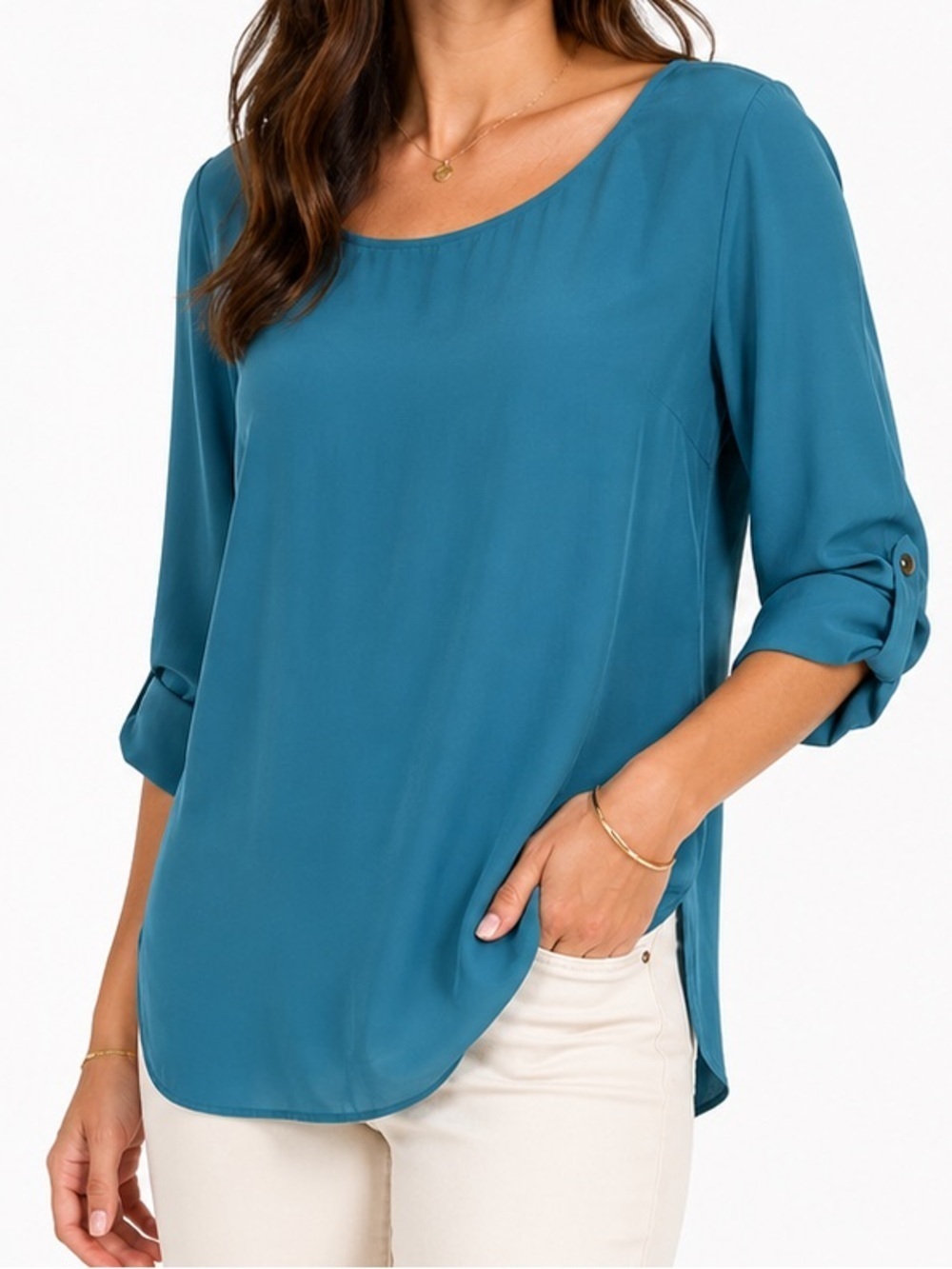 Amanda Uprichard blue silk blouse boat neck tan sleeves hi low hem Size S